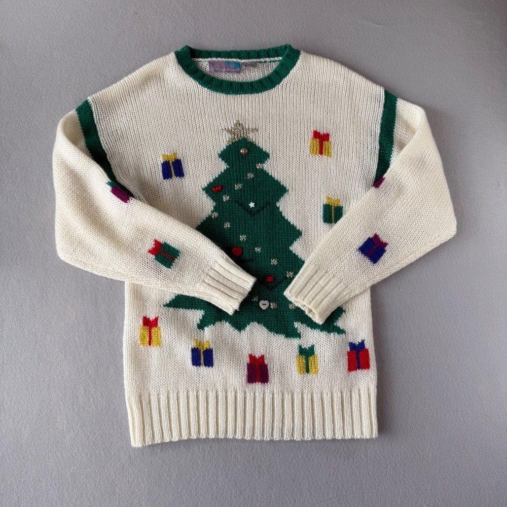 Pinafore Vintage‎ Christmas Tree Sweater Medium White Green Ugly Holiday Party M